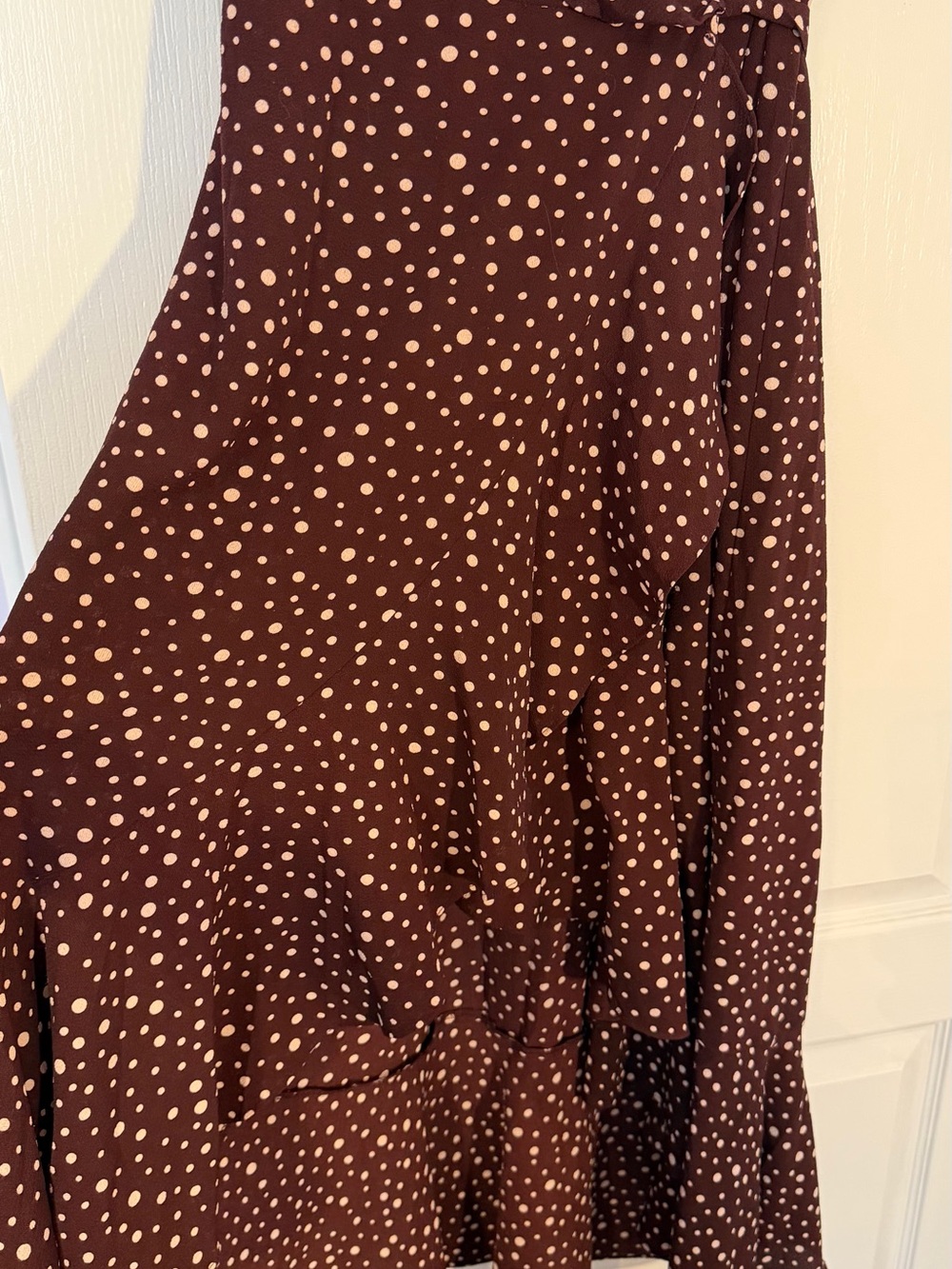 Max Studio Brown Polka Dot Ruffle Wrap Midi Dress Size L - Picture 3 of 14